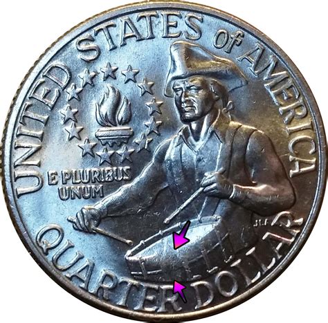 Furthermore, the bicentennial design on the reverse features a colonial drummer boy and a victory torch surrounded by thirteen stars. This quarter dollar was minted in the years 1975 and 1976, and display the dual dates of 1776-1976.