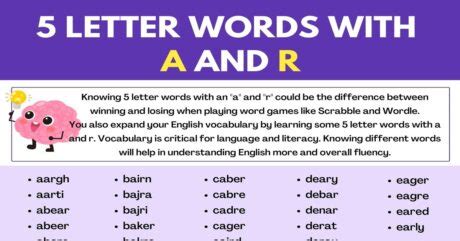 1800+ Common 5 Letter Words with A and R in English • 7ESL