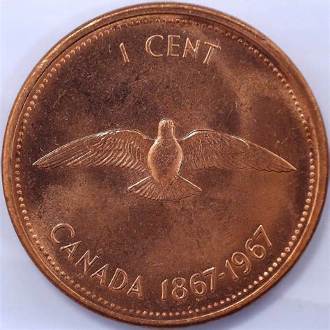 Coin reverse features Alex Colville's design of a mackerel fish struck in commemoration of Canada's Centennial of Confederation. 1967 (1867-) Canadian 10 Cents Mackerel (Fish) comes from an original roll in brilliant uncirculated condition.. 1867 1967 canadian penny worth