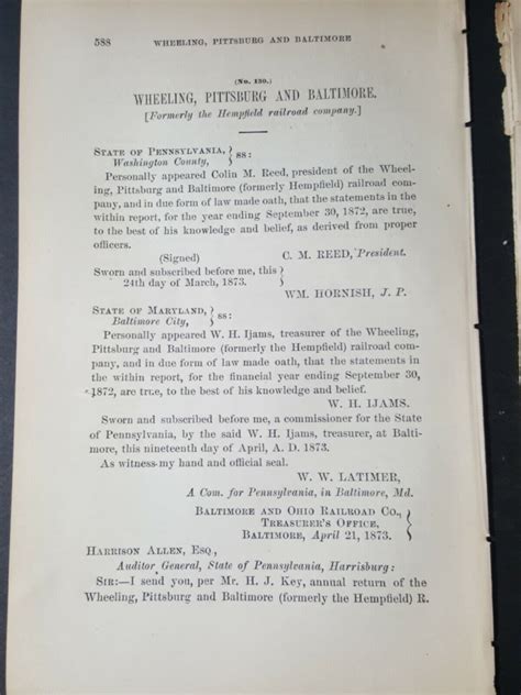 1873 train paper WHEELING PITTSBURGH & BALTIMORE …