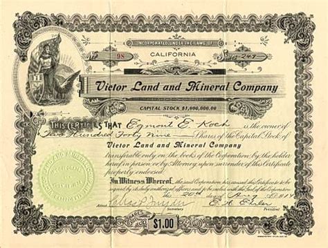 1920 VICTOR LAND and MINERAL Company California STOCK