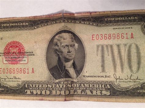 Like all red seal two dollar legal tender notes, the series of 1928F $2 star notes features Thomas Jefferson on the front and Monticello on the back. Series of 1928F $2 bills were printed between July 1946 and May 1949. These dates coincide with when Fred M Vinson and John W Snyder were in office together.. 