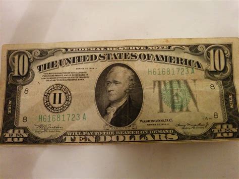 1934 $10 Federal Reserve Note Green Seal Circulated. Skip to the end of the images gallery. Skip to the beginning of the images gallery. Availability: In Stock. This item will ship within 2 business days. Item #. 365359. Quantity Credit Card Wire. 1+ $49.95 $48.48.. 