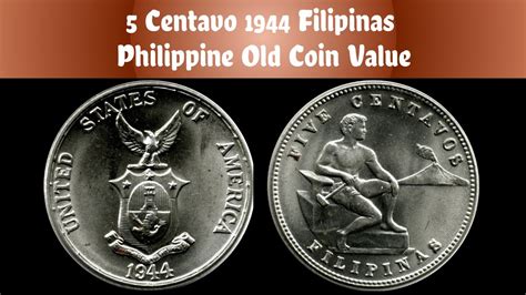 1944 five centavos filipinas coin value. During this period, except during the Japanese Occupation in World War II, the United States minted Philippine coins. The 1944 10 centavo was minted at the Denver Mint and has a “D” mint mark. Value Range in average circulated condition: 50 cents -75 cents. All coins of the above period will have UNITED STATES OF AMERICA on the coin. 