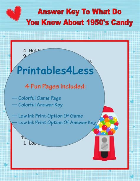 1950s Candy Game Printable Trivia Game Printable Brain