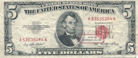 Small Size Five Dollar Bills (1928 – present) – Values and Pricing. The five dollar bill has featured Abraham Lincoln since 1913. The classic five dollar bill design began in 1928. Since that time five dollar bills have come with five different seal colors: Green – Red – Brown – Blue – Yellow. As you can see with the five seal color .... 