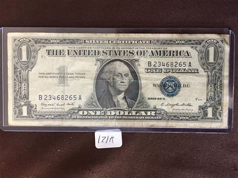 1957 1 dollar silver certificate worth. As of 2014, one dollar silver certificates from 1957 are worth between $1.25 and $4. Uncirculated dollar certificates bring in more money than circulated ones, but it is still a very small amount over face value. 
