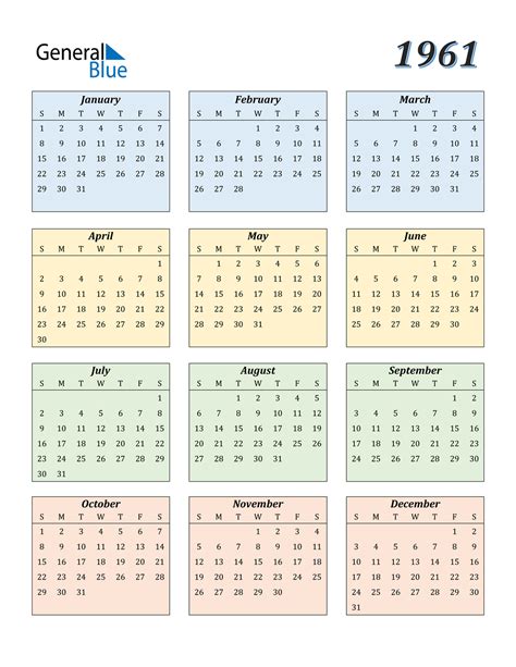 1961 Calendar (PDF, Word, Excel)