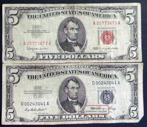 1953 or 1963 Series Five Dollar Red Seal Note Cert