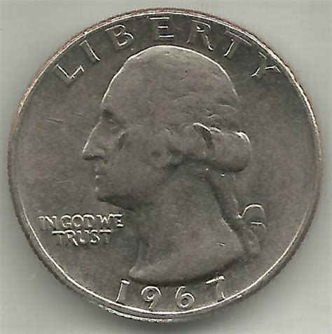 1967 quarter dollar. The page has detailed information about this coin. The Quarter Dollar is a United States coin worth 25 cents. It has been produced on and off since 1796 and consistently since 1831. From its inception until 1964, the denomination was issued in silver; it underwent several design changes, including finally the silver Washington quarter (1932 ... 