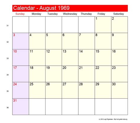 1969 August Calendar