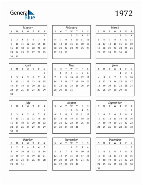 1972 Calendar Printable