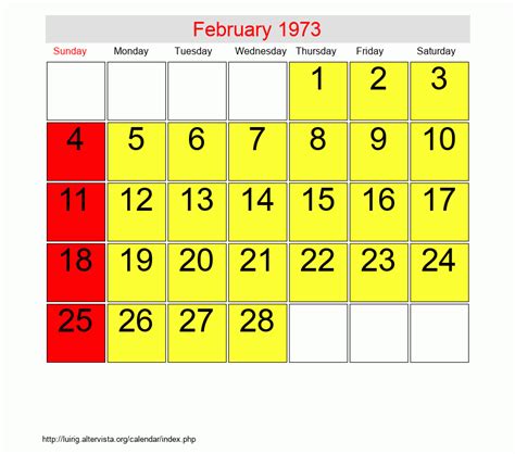 1973 February Calendar