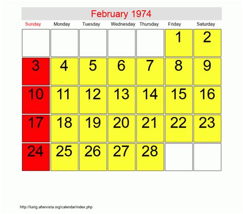 1974 February Calendar