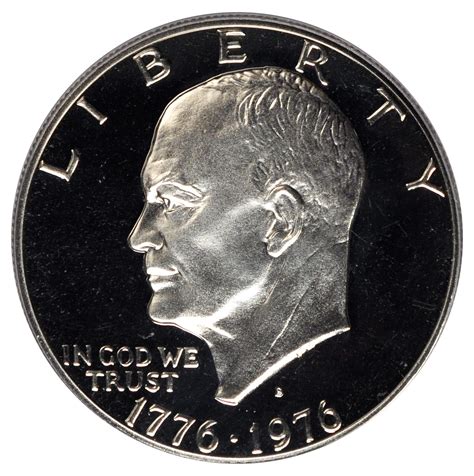 1976 eisenhower one dollar coin value. Jaime Hernandez: In 1976 the U.S. Mint issued two different varieties for the 1976-D Eisenhower Dollars. The Type 1 has thicker letters on the reverse, while the Type 2 has thinner letters on the reverse. The difference is most notable on the letters "United States of America" and "One Dollar." Both varieties are common up to about MS65 grades. 
