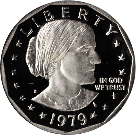 1979 S Susan B Anthony Dollar Proof. CoinTrackers.com estimates the value of a 1979 S Susan B Anthony Dollar Proof in average condition to be worth $1, while one in mint state could be valued around $4.75. - Last updated: September, 27 2022. Year: 1979. Mint Mark: S. Type: SBA Dollar. Price: $1-$4.75+. Face Value: 1.00 USD. . 