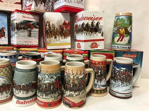 2023 Budweiser Holiday Stein 90th Anniversary Edition Clydesdale Mug Series NEW. Opens in a new window or tab. Brand New. $15.98. ml8384 (3) 100%. ... Budweiser 1980's Holiday Beer Stein Snowy Woodland Clydesdale Ceramarte Mug. Opens in a new window or tab. Pre-Owned. $37.99. dreamyatticshop (49) 100%. or Best Offer. Free shipping.. 