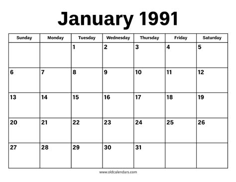 1991 January Calendar