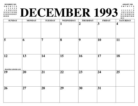 1993 December Calendar