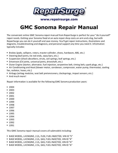 Download 1994 2004 Gmc Sonoma Service Repair Manual 127798 Pdf 