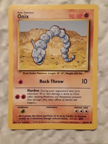 Onix 1995 Pokémon Card Condition: -- Price: US $150.00 No Interest if paid in full in 6 mo on $99+* Buy It Now Add to cart Best Offer: Make offer Add to Watchlist Fast and reliable. Ships from United States. Shipping: FreeStandard Shipping.. 