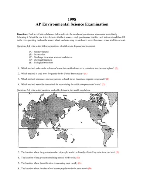 1998 Environmental Science Ap Exam Answers