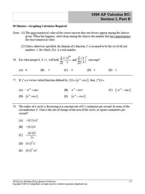 1998 Ap Calculus Bc Multiple Choice Answers
