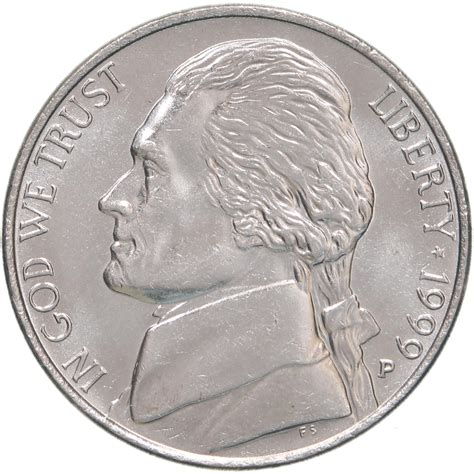 USA Coin Book Estimated Value of 1999-P Jefferson Nickel is Worth $0.28 to $1.16 or more in Uncirculated (MS+) Mint Condition. Click here to Learn How to use Coin Price Charts. Also, click here to Learn About Grading Coins. The Melt Value shown below is how Valuable the Coin's Metal is Worth (bare minimum value of coin).. 