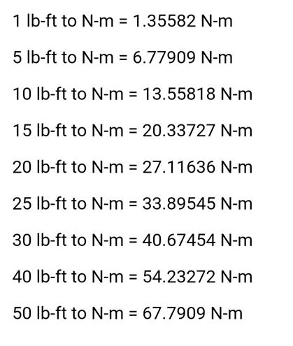 Quick conversion chart of ft lb to N m. 1 ft lb to N m = 1.35582 N m. 5 ft lb to N m = 6.77909 N m. 10 ft lb to N m = 13.55818 N m. 15 ft lb to N m = 20.33727 N m. 20 ft lb to N m = 27.11636 N m. 25 ft lb to N m = 33.89545 N m. 30 ft lb to N m = 40.67454 N m. 40 ft lb to N m = 54.23272 N m.. 