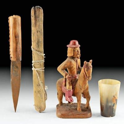 19th C. US Wood Cowboy, Leather Knife, Cup, Bullroarer