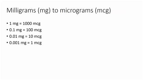 Quick conversion chart of mg to mcg. 1 mg to mcg = 1000 mcg. 2 mg to mcg = 2000 mcg. 3 mg to mcg = 3000 mcg. 4 mg to mcg = 4000 mcg. 5 mg to mcg = 5000 mcg. 6 mg to mcg = 6000 mcg. 7 mg to mcg = 7000 mcg. 8 mg to mcg = 8000 mcg. 9 mg to mcg = 9000 mcg. 10 mg to mcg = 10000 mcg .