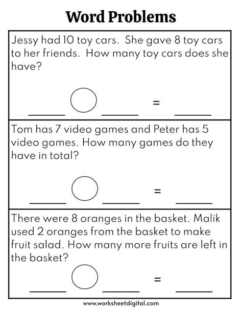 1st Grade Math Word Problems Printable Tutorial Worksheet