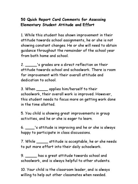 1st Grade Report Card Comments