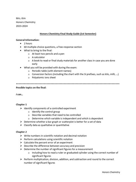1st Semester Chemistry Study Guide