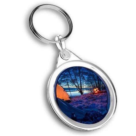 1x Round Keyring Lakeside Camping Tent Winter Dusk #51315