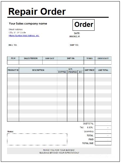 2+ Repair Order Templates Free Printable Word and Excel Order
