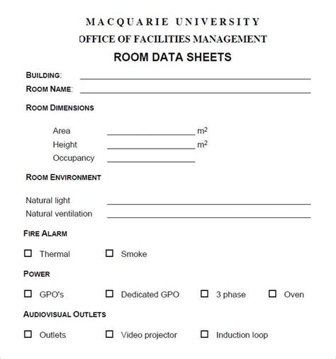2+ Room Data Sheet Template Word, PDF