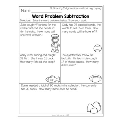 2 Digit Subtraction Without Regrouping activity Word problems