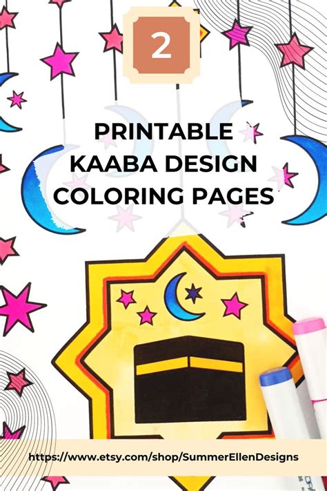 2 Kaaba Coloring Pages with Moon and Star Design Eid Coloring
