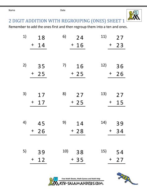 2 Digit Addition Worksheets Math Salamanders Adding Two Digit Numbers First Grade - Adding Two Digit Numbers First Grade