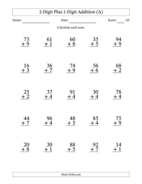 2 Digit Plus 1 Digit Addition Worksheets First Two Digit Plus One Digit Addition - Two Digit Plus One Digit Addition