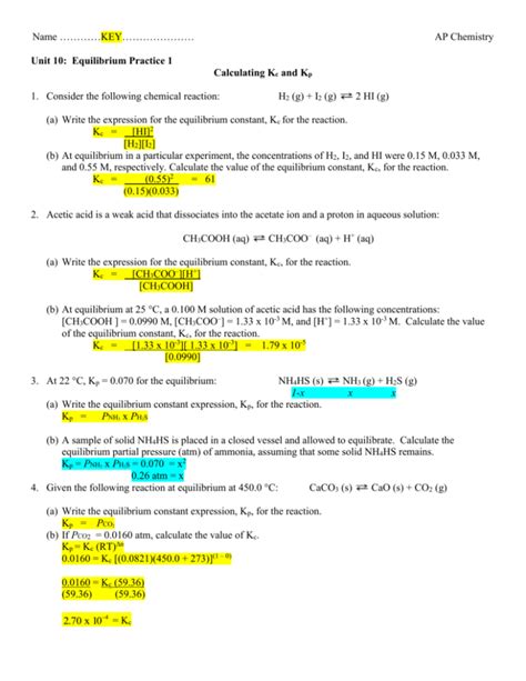 2 E Chemical Equilibrium Practice Problems With Answers Chemistry Worksheet And Answers - Chemistry Worksheet And Answers