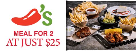 2 for 25 chili. 2,000 calories a day is used for general nutrition advice, but calorie needs vary. Additional nutrition information available upon request. Come into a Chili's Grill & Bar for Lunch Specials: 8 Lunches for $8! Soup or salad & your favorite entree. Available Monday-Friday 11am-4pm. 