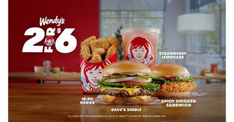 2 for 6 wendys. Find a Wendy's Find; Search Search; Order Pickup Order Pickup; Order Delivery Order Delivery; Main navigation. View our Menu Menu; What We Value Values; Who We Are ... 