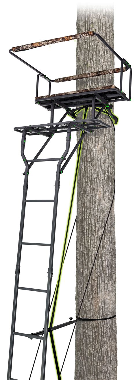2 person ladder stands. • Experience safe and comfortable elevated hunting in this 18-foot, 2-person ladder stand that holds up to 500 pounds • Features 2 full patio-chair-sized MeshComfort Seats with flip-up padded armrests and contoured backrest; Seat dimensions (W x H): 24 x 23 inches; Platform dimensions (L x W): 17 x 51 inches; • Dual welded kick-out footrests that double as grab handles for easy platform ... 