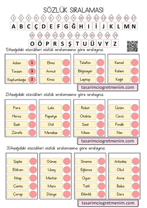 2 sınıf alfabetik sıralama çalışma kağıdı