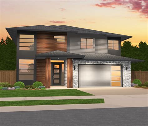 2 story house. Narrow Lot House Plan. Plan 905-6. Designed for a narrow lot, this 2 story modern house plan gives you a super-open floor plan between the main living spaces. The second floor features two bedrooms, a full bathroom, and plenty of closets. Check out the cool mezzanine that includes a sleeping nook and extra storage space. 