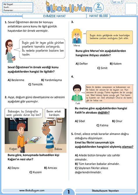 2. Sınıf Hayat Bilgisi Evimizde Hayat Testi Çöz . 