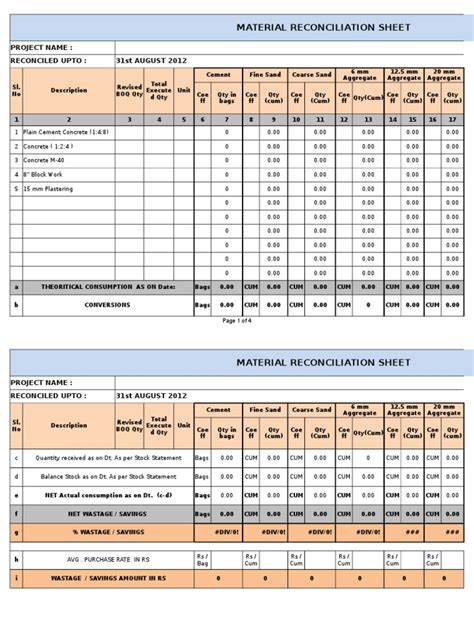 2.material Reconciliation Sheet PDF Sand Building Technology