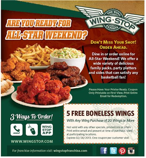 20 off wingstop coupon. Wingstop Flavors . Get 3 flavors and 20 pcs wings under $20. Available food items under this deal: Classic/mix & match wings for $19.89 or Boneless wings for $17.79. All users can redeem the deal in all participating locations in the U.S. Wingstop Fries. Buy Wingstop fries with a coupon code and get a discount on your order. The price starts at ... 
